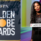 View of the HFPA Golden Globe Awards logo on February 23, 2021; Judy Smith speaks onstage during the 2014 ADCOLOR Awards on September 20, 2014.